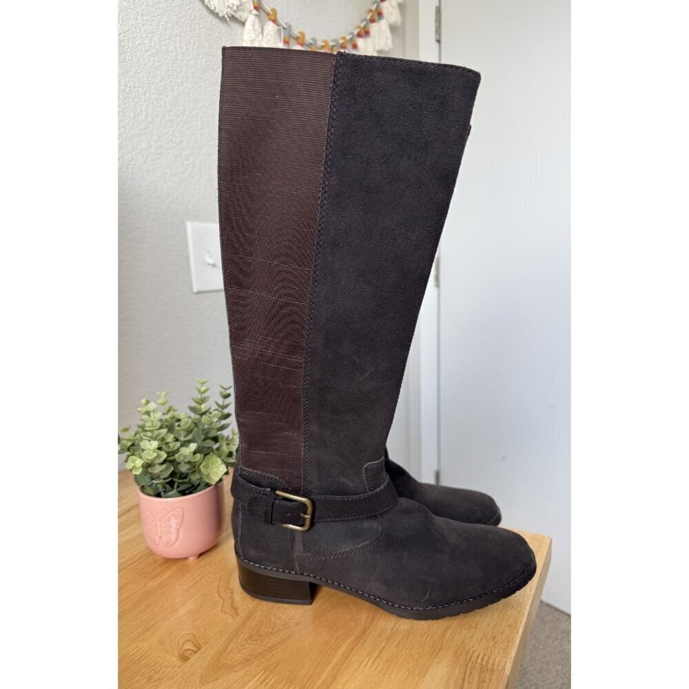 DONALD J PLINER Beso Brushed Suede Knee High Riding Buckle Boots Brown Western